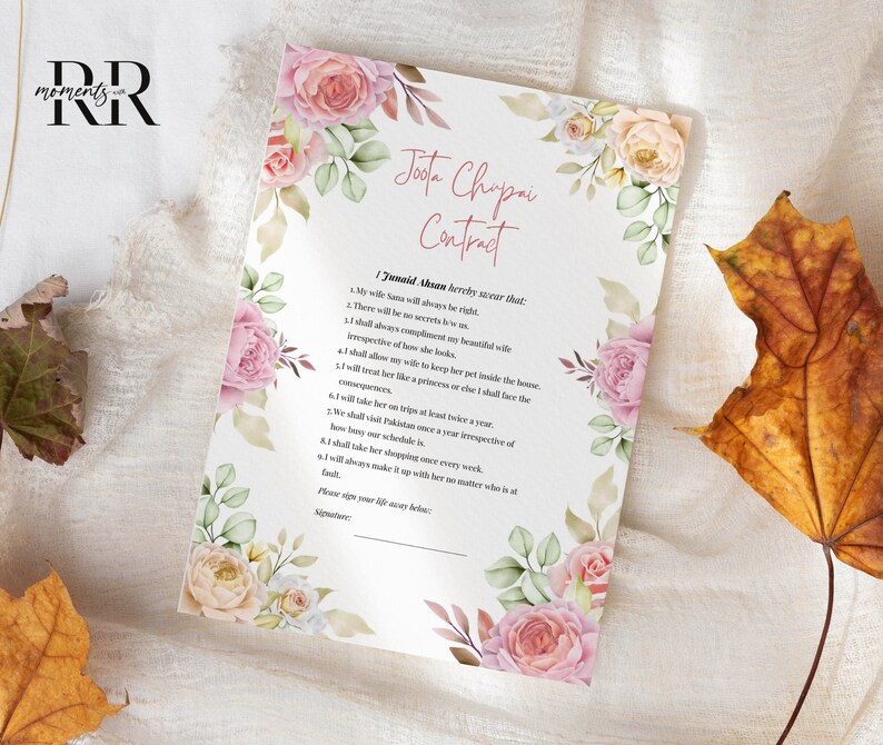 Fun Looking Contract Buy Joota Chupai Contract, Fun Wedding Contract Template, Printable ...