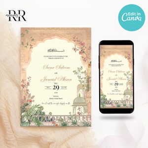 Bearbeitbare muslimische Hochzeitseinladung, moderne Nikkah-Einladung, Islamische Hochzeitseinladung, bearbeitbare Canva-Vorlage, Mughal-Thema, bedruckbar