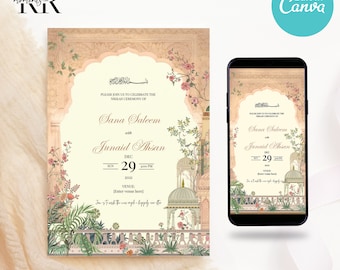 Editable Muslim Wedding Invitation, Modern Nikkah Invitation, Islamic wedding invite, Editable Canva Template, Mughal theme, Printable