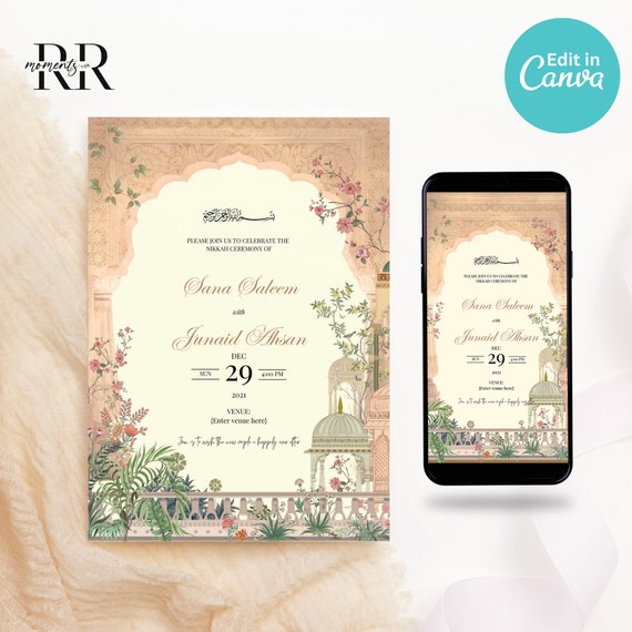 Editable Muslim Wedding Invitation, Modern Nikkah Invitation, Islamic wedding invite, Editable Canva Template, Mughal theme, Printable