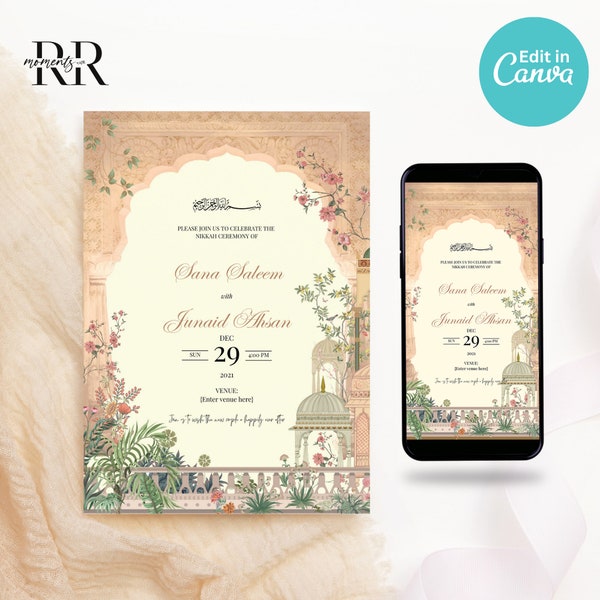 Editable Muslim Wedding Invitation, Modern Nikkah Invitation, Islamic wedding invite, Editable Canva Template, Mughal theme, Printable