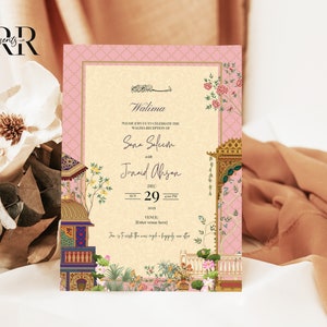 May include: A pink and gold wedding invitation with intricate floral designs and a calligraphic inscription that reads "Walima". The invitation announces the wedding reception of Sana Saleem and Junaid Ahsan on December 29th, 2021.
