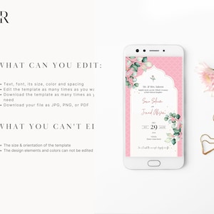Puede incluir: Una plantilla de invitaci&oacute;n digital rosa y verde con un dise&ntilde;o floral. El texto de la invitaci&oacute;n dice "Mr. & Mrs. Saleem" y "Sona Saleem & Jinaid Ahyani". La fecha es el 29 de diciembre de 2022.