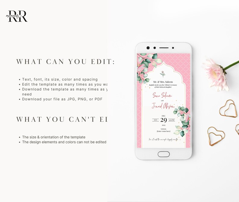 Puede incluir: Una plantilla de invitaci&oacute;n digital rosa y verde con un dise&ntilde;o floral. El texto de la invitaci&oacute;n dice "Mr. & Mrs. Saleem" y "Sona Saleem & Jinaid Ahyani". La fecha es el 29 de diciembre de 2022.