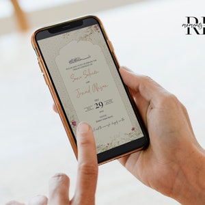 May include: A digital wedding invitation on a smartphone screen. The invitation is for the wedding of Sara Saleem and Junaid Ali, on December 29th, 2024. The invitation features a floral design with a light brown background.