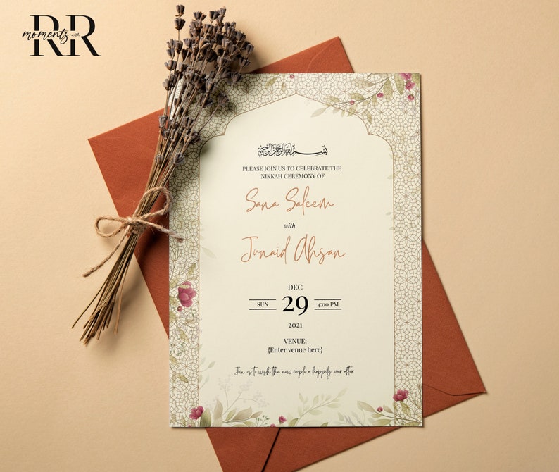 May include: A white wedding invitation with a floral design and an ornate arch. The invitation announces the Nikkah ceremony of Sana Saleem and Junaid Ahsan on December 29, 2021, at 4:00 PM. The venue is not specified.