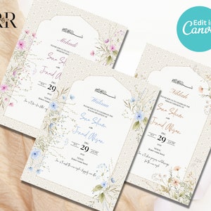 Muslimische Hochzeitseinladung Bearbeitbarer Satz von 3 Einsätzen, Traditionelle Nikkah-Einladung, Islamische Hochzeitseinladung, Bearbeitbare Canva-Vorlage