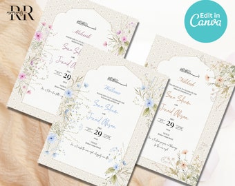 Muslim Wedding Invitation Editable Set of 3 Inserts, Traditional Nikkah Invitation, Islamic wedding invite, Editable Canva Template