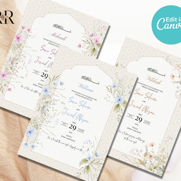 Muslim Wedding Invitation Editable Set of 3 Inserts, Traditional Nikkah Invitation, Islamic wedding invite, Editable Canva Template