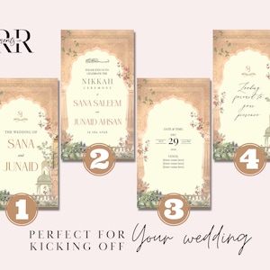 May include: Four wedding invitation cards with a floral design and a traditional Indian archway. The cards are numbered 1 through 4. The text on the cards includes "The Wedding of Sana and Junaid", "Please join us to celebrate the Nikkah Ceremony of Sana Saleem and Junaid Ahsan", "Date & Time: Dec 29, 2023", and "Looking forward to your presence".