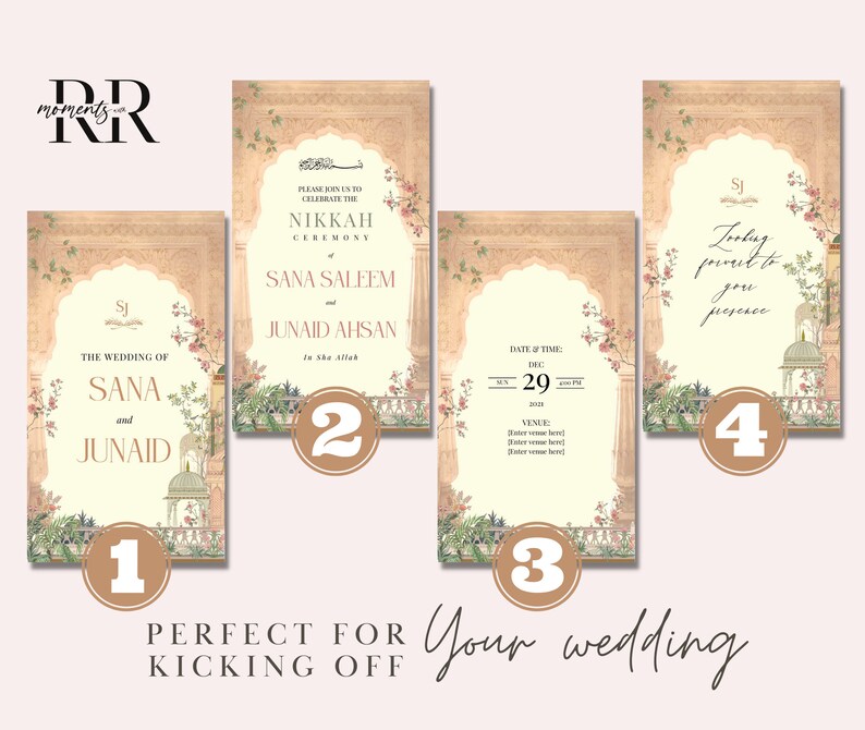May include: Four wedding invitation cards with a floral design and a traditional Indian archway. The cards are numbered 1 through 4. The text on the cards includes "The Wedding of Sana and Junaid", "Please join us to celebrate the Nikkah Ceremony of Sana Saleem and Junaid Ahsan", "Date & Time: Dec 29, 2023", and "Looking forward to your presence".