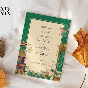 May include: A green and gold wedding invitation with intricate floral designs and a traditional Indian motif. The invitation announces the Mehndi ceremony for Sana Saleem and Junaid Ahsan on December 29th, 2021.