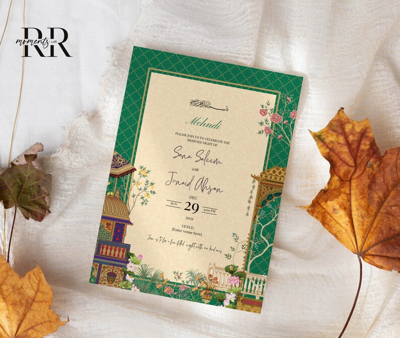 May include: A green and gold wedding invitation with intricate floral designs and a traditional Indian motif. The invitation announces the Mehndi ceremony for Sana Saleem and Junaid Ahsan on December 29th, 2021.