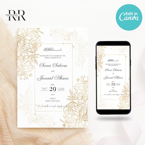 Editable Muslim Wedding Invitation, Modern Nikkah Invitation, Islamic wedding invite, Editable Canva Template, Floral, Mobile & Printable