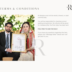 May include: A couple poses for a wedding photo holding a framed certificate with calligraphy in a gold frame. The text on the certificate reads "moments with RR".