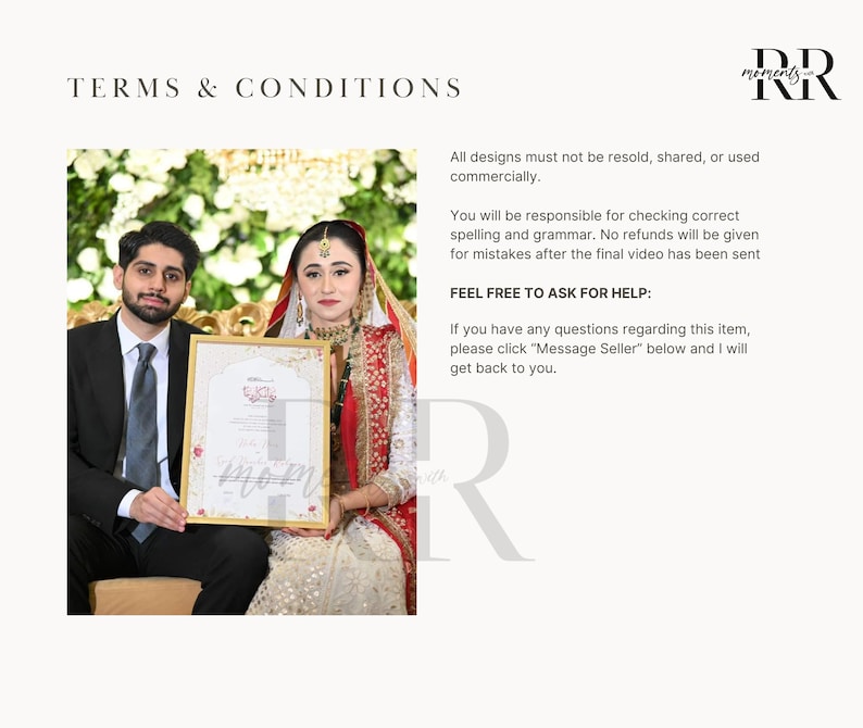 May include: A couple poses for a wedding photo holding a framed certificate with calligraphy in a gold frame. The text on the certificate reads "moments with RR".