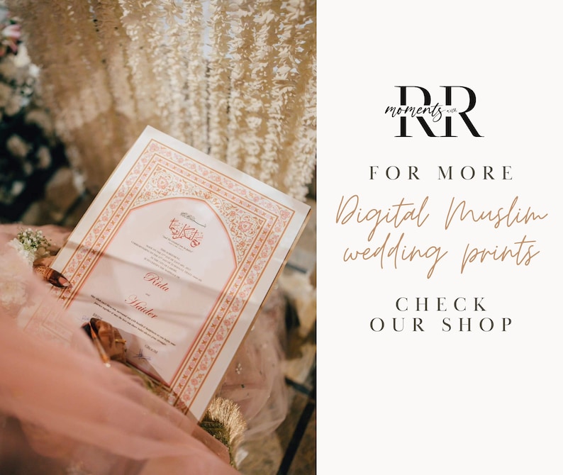 May include: A pink and white Islamic wedding certificate with intricate floral designs and Arabic calligraphy. The certificate includes the names "Rida" and "Haider".