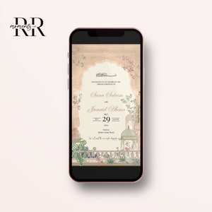 Puede incluir: Una invitaci&oacute;n digital para una ceremonia de boda. La invitaci&oacute;n presenta un dise&ntilde;o floral rosa y verde con una mezquita en el fondo. El texto de la invitaci&oacute;n dice: "Por favor, &uacute;nase a nosotros para celebrar la ceremonia Nikah de Sana Saleem con Junaid Ahsan, 29 de diciembre de 2023, 7:00 PM, Lugar: [Ingrese el lugar aqu&iacute;]".