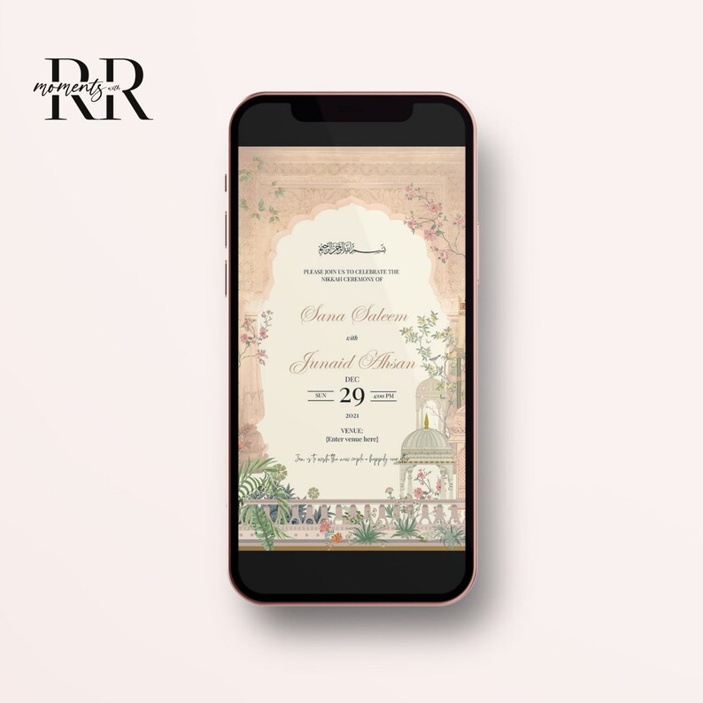 Puede incluir: Una invitaci&oacute;n digital para una ceremonia de boda. La invitaci&oacute;n presenta un dise&ntilde;o floral rosa y verde con una mezquita en el fondo. El texto de la invitaci&oacute;n dice: "Por favor, &uacute;nase a nosotros para celebrar la ceremonia Nikah de Sana Saleem con Junaid Ahsan, 29 de diciembre de 2023, 7:00 PM, Lugar: [Ingrese el lugar aqu&iacute;]".