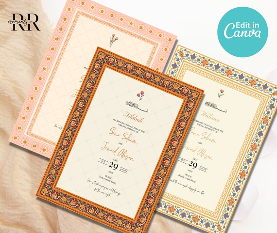 Muslim Wedding Invitation Editable Set of 3 Inserts, Traditional Nikkah Invitation, Islamic wedding invite, Editable Canva Template