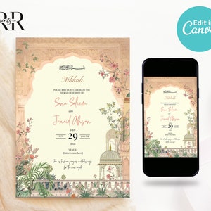 May include: A light peach and cream colored wedding invitation with a floral design. The invitation features an ornate archway with a mosque in the background. The text on the invitation reads "Nikkah" and includes the names "Sana Safeem" and "Junaid Ahsan". The date of the wedding is December 29th, 2021. The invitation also includes the time of the wedding, which is 4:00 PM.