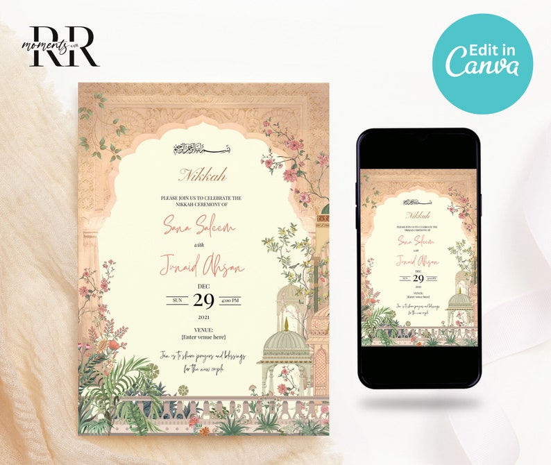 May include: A light peach and cream colored wedding invitation with a floral design. The invitation features an ornate archway with a mosque in the background. The text on the invitation reads "Nikkah" and includes the names "Sana Safeem" and "Junaid Ahsan". The date of the wedding is December 29th, 2021. The invitation also includes the time of the wedding, which is 4:00 PM.