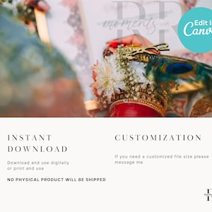 Puede incluir: Primer plano de la mano de una novia con un brazalete rojo y dorado con flores blancas y una pluma de pavo real. La imagen incluye el texto "DP moments with RR" y "Edit in Canva".