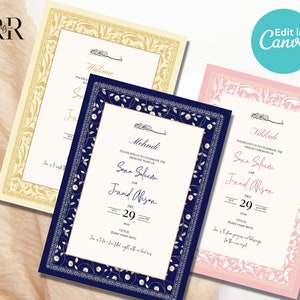 May include: Three wedding invitation cards with ornate floral borders. The cards are in cream, navy blue, and pink. The text on the cards reads "Halima", "Mehndi", and "Nikkah".
