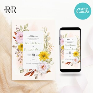 Editable Muslim Wedding Invitation, Modern Nikkah Invitation, Islamic wedding invite, Editable Canva Template, Floral, Botanical evite