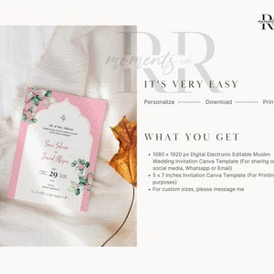 Puede incluir: Una plantilla de invitaci&oacute;n de boda rosa y dorada con detalles florales. La plantilla est&aacute; disponible en dos tama&ntilde;os: 1080 x 1920 p&iacute;xeles para uso digital y 5 x 7 pulgadas para impresi&oacute;n. El texto de la invitaci&oacute;n dice "Mr. & Mrs. Saleem" y "Sana Sofiem & Junaid Abyan".