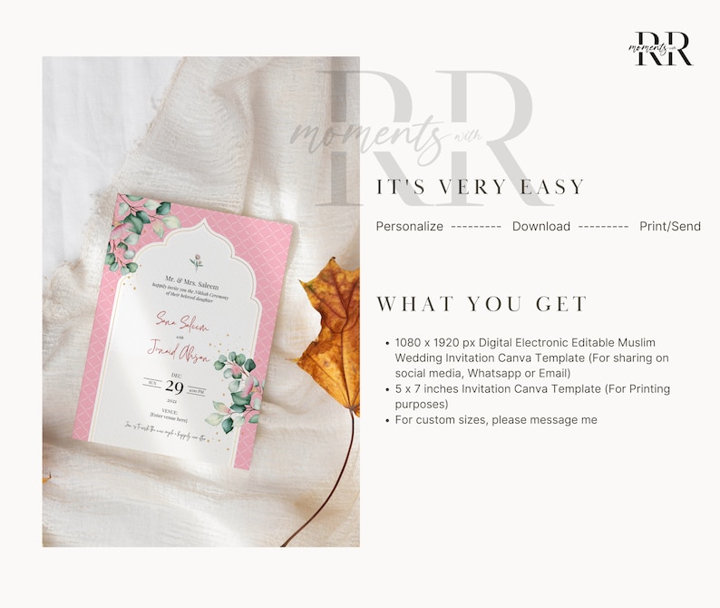 Puede incluir: Una plantilla de invitaci&oacute;n de boda rosa y dorada con detalles florales. La plantilla est&aacute; disponible en dos tama&ntilde;os: 1080 x 1920 p&iacute;xeles para uso digital y 5 x 7 pulgadas para impresi&oacute;n. El texto de la invitaci&oacute;n dice "Mr. & Mrs. Saleem" y "Sana Sofiem & Junaid Abyan".