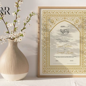 Goldene Nikkah Vertragsvorlage, druckbare, bearbeitbare Nikkahnama, muslimische Hochzeitsurkunde, islamischer Ehevertrag, Geschenke für muslimisches Paar