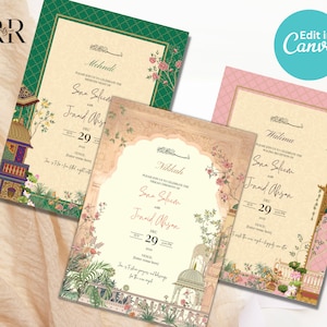 Muslimische Hochzeitseinladung Bearbeitbarer Satz von 3 Einsätzen, Traditionelle Nikkah-Einladung, Islamische Hochzeitseinladung, Bearbeitbare Canva-Vorlage