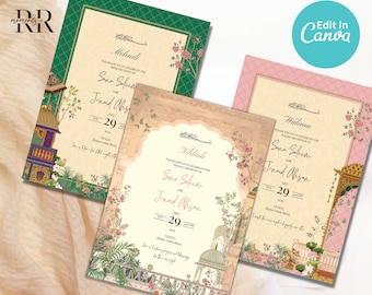 Invitación de boda musulmana (3 inserciones editables), invitación tradicional Nikkah, invitación de boda islámica, plantilla editable de Canva