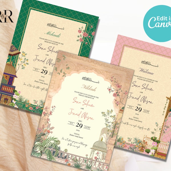 Muslim Wedding Invitation Editable Set of 3 Inserts, Traditional Nikkah Invitation, Islamic wedding invite, Editable Canva Template