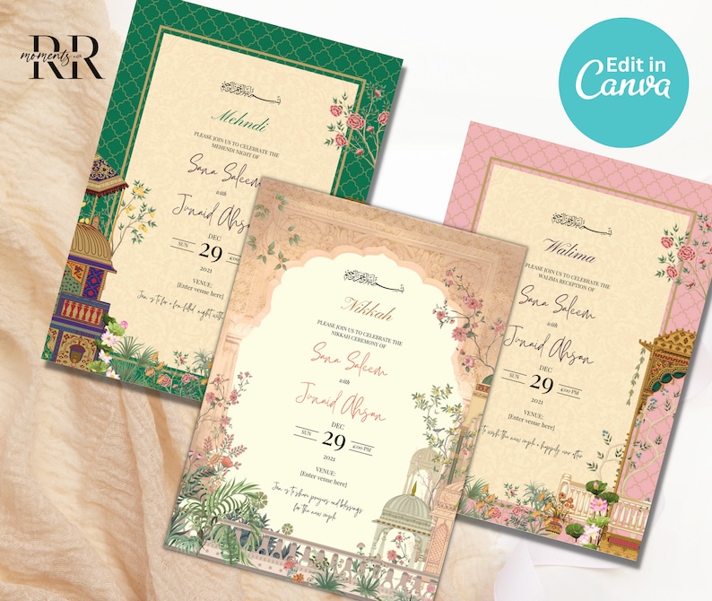 May include: Three wedding invitation cards with intricate floral designs and ornate architectural details. The cards are in shades of green, pink, and beige, with gold accents. The text on the cards reads "Mehndi", "Nikkah", and "Walima", with the names "Sana Saleem" and "Junaid Ahsan" and the date "Dec 29, 2023".
