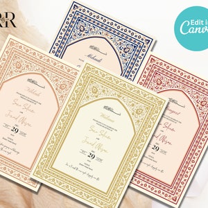 Muslim Traditional Pattern Wedding Invitation Editable Set of 4 Inserts, Nikkah Invitation, Islamic wedding invite, Editable Canva Template
