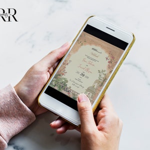 May include: A smartphone displaying a wedding invitation with a floral design. The invitation reads "Nikah" and includes the names "Sana Sheikh" and "Farid Ali" with the date "29-20".