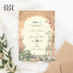 Puede incluir: Una invitaci&oacute;n de boda con un dise&ntilde;o floral y un arco ornamentado. La invitaci&oacute;n es para Sana Saleem y Junaid Ahsan, y la boda est&aacute; programada para el domingo 29 de diciembre de 2021 a las 4:00 PM. El lugar no est&aacute; especificado.