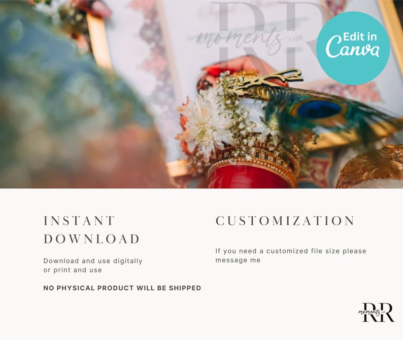 May include: A close-up of a bride's hand wearing a red and gold bangle with white flowers and a peacock feather. The image includes the text "DP moments with RR" and "Edit in Canva".