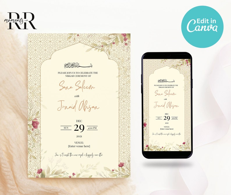 May include: A wedding invitation with a cream background and gold and green floral accents. The invitation features a decorative archway with the text "PLEASE JOIN US TO CELEBRATE THE NIKKAH CEREMONY OF Sana Saleem with Junaid Ahsan DEC 29 4:00 PM 2021 VENUE: (Enter venue here) Insha'Allah, we wish the new couple a happily ever after."