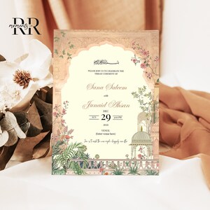 Puede incluir: Una invitaci&oacute;n de boda con un dise&ntilde;o floral y un arco ornamentado. La invitaci&oacute;n es para la ceremonia de Nikkah de Sana Saleem y Junaid Ahsan el 29 de diciembre de 2021 a las 4:00 PM.