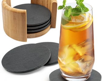 Slate coaster round for glasses - Set of 6 Ink. Box - Design Glass Coaster in dark grey for cups & glass - Beverage coasters