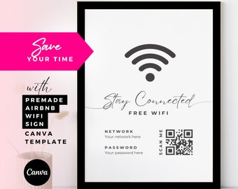 Airbnb Wifi Sign Template, VRBO Wifi Info Sheet, Vacation Rental QR Code Sign, Printable Canva Template, Wifi Password Signage