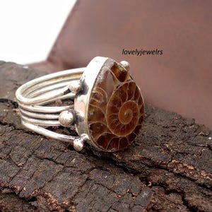 Natural Ammonite Fossil Ring, Sterling Silver Statement, Boho Seashell Jewelry, Pear Shape Ammonite