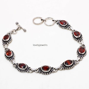 Sterling Silver Garnet Oval Gemstone Bracelet, Boho Bangle Jewelry