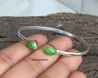 925 Sterling Silver Green Copper Turquoise Bangle, Boho Rustic Adjustable Jewelry