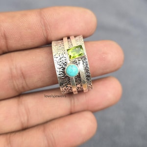 Handmade Sterling Silver Spinner Ring: Peridot & Turquoise
