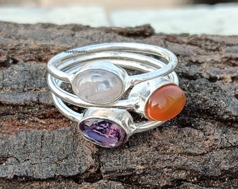 Moonstone Amethyst Carnelian Gemstone Ring: Handmade 925 Sterling Silver Statement