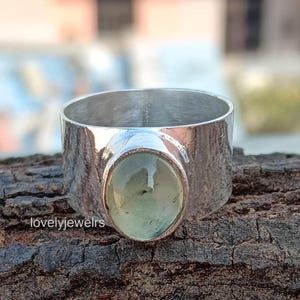 Handmade Prehnite Sterling Silver Wide Band Ring – Oval Green Gemstone Statement Boho Jewelry